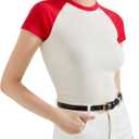 SUUKSESS Women Ribbed Striped Short Sleeve Slim Fit Tops Summer Crew Neck Color Block Going Out T Shirt (XL)