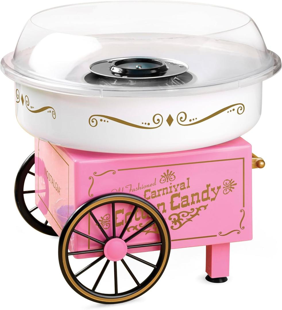 Nostalgia Cotton Candy Machine - Retro Cotton Candy Machine for Kids with 2 Reusable Cones, 1 Sugar Scoop, and 1 Extractor Head  Pink