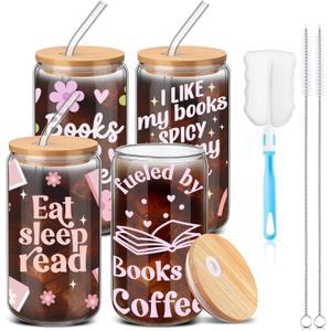 4 Pcs Book Lover Glass Cups with Lid and Straw Christmas Gifts for Bookish 16 oz Drinking Glasses Iced Coffee Cups Can Shape Mug Tumbler for Christmas Women Men Birthday Party Favor Gift