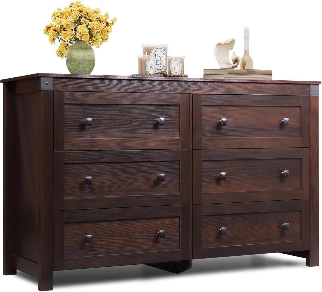 WLIVE Cmoda de madera de granja con 6 cajones para dormitorio, cmoda de madera de 53.07 pulgadas de ancho, organizador de almacenamiento con doble asa rstica, soporte de TV para TV de 60 pulgadas (Marrn)