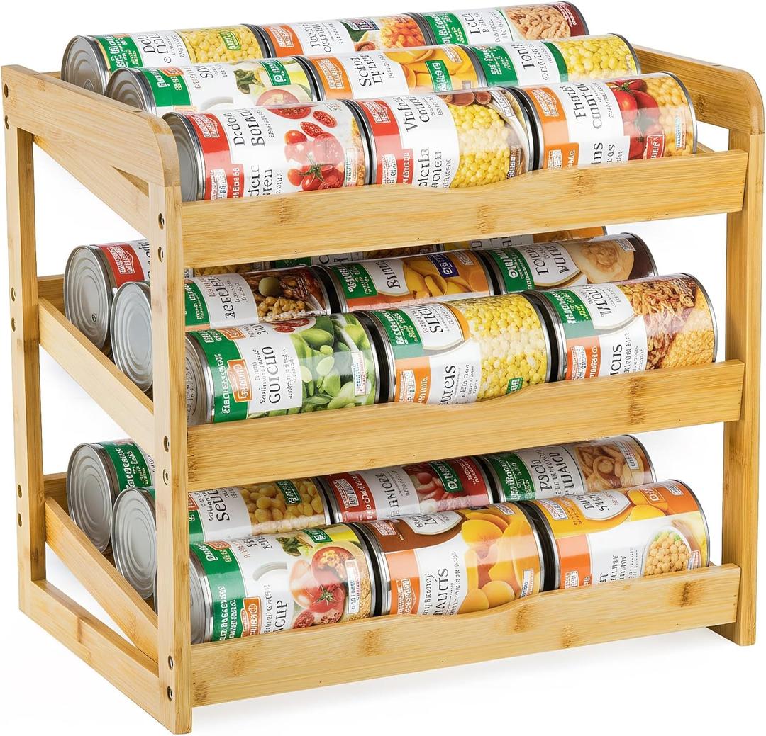 TOPZEA Soda Can Rack Organizer for Pantry, 3 Tier Bamboo Stackable Can Goods Storage Dispenser Shelf Canned Food Holder Stand for Kitchen Countertop, Cabinet, Hold up to 36 Cans