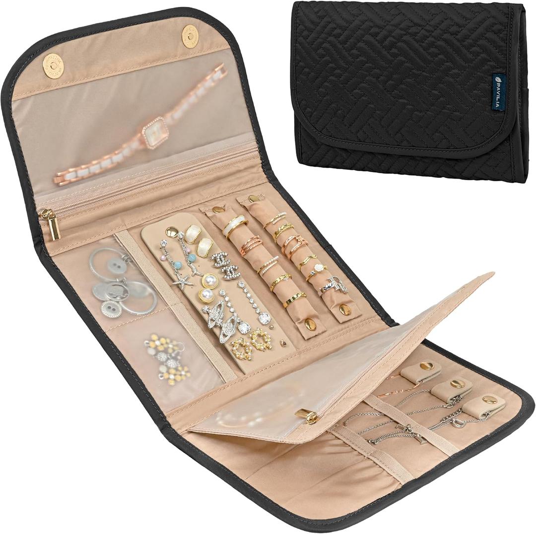 Pavilia Foldable Jewelry Organizer Roll Bag, Small Travel Pouch Wallet for Earrings, Rings, Necklaces, Bracelets (Quilt Black)