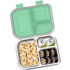 Stainless Steel Bento Box for Kids 1000ml - 3 Compartment Lunch Box for Adults, Leakproof Food Container, BPA-Free Metal Lunch Box with Silicone Seal, Eco-Friendly/Dishwasher Safe (Green)