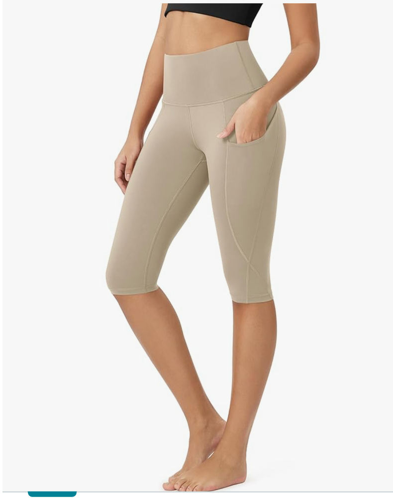 ODODOS Women's High Waisted Yoga Capris with Pockets, Tummy Control Non See Through Workout Athletic Running Capri Leggings, Small, Dark Beige 