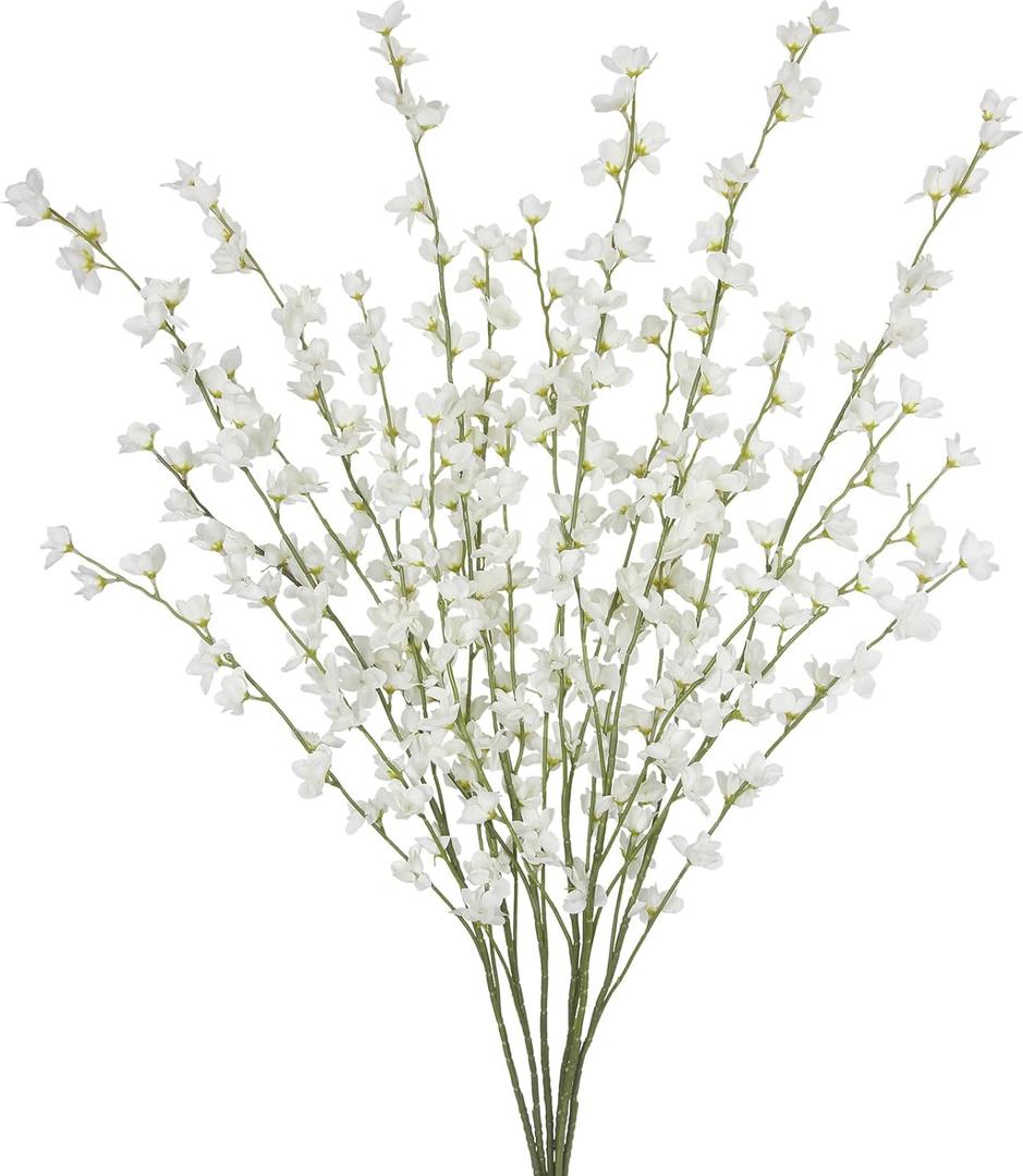 6 Pcs Artificial Forsythia Branches Fake Wildflowers White 41" Silk Flowers with Long Stems Faux Spring Flowers for Tall Vase Indoor Home Decor Dining Table Centerpieces Party Wedding Outdoor