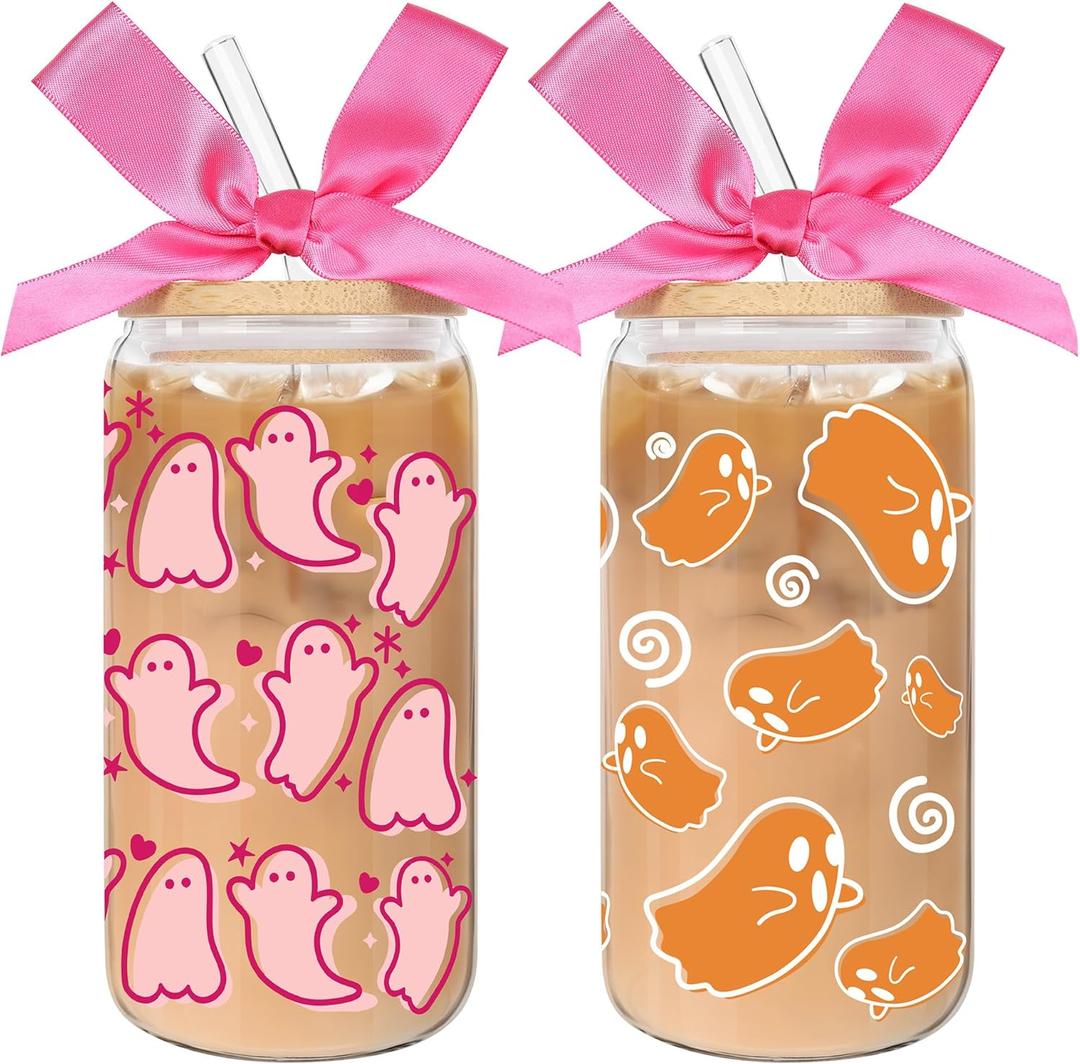 2 Pack Halloween Ghost Iced Coffee Glass Tumbler Cups with Lids and Straws - 16Oz Spooky Halloween Ghost Glass Tumbler Gifts With Pink Bow-knot for Women, Girls, Kids