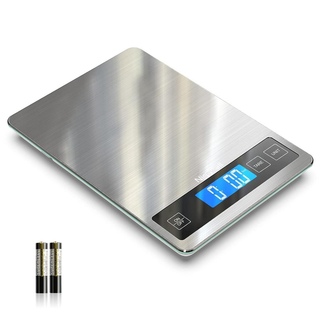 Nicewell Food Scale, 22lb Digital Kitchen Scale Weight Grams and oz for Cooking Baking, 1g/0.1oz Precise Graduation, Stainless Steel and Tempered Glass (Silver)