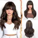 BARSDAR Dark Brown Mix Auburn Highlight Layered Wig with Bangs - 20 Inch Layered Wig with Bangs for Women, Natural Looking Soft Wavy Synthetic Wigs Straight Layers Haircut Fringe Daily