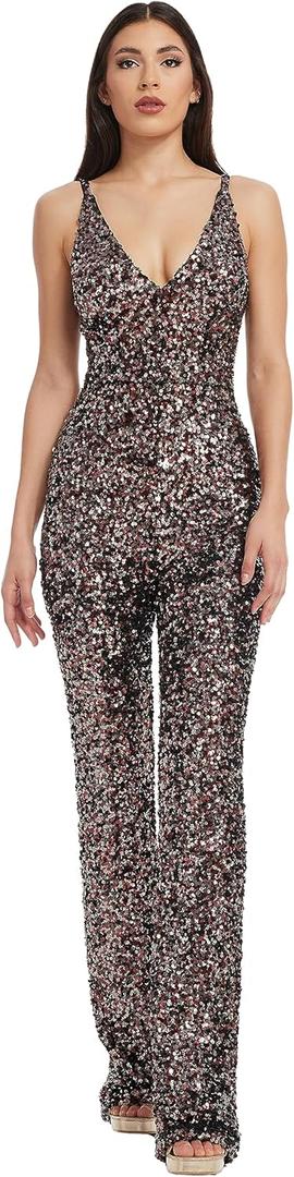 Dress The Population Women's Charlie Plunging Sequin Sleeveless Jumpsuit (Medium, Gunmetal Multi)