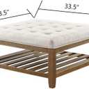 24KF Large Square Upholstered Tufted Linen Ottoman Coffee Table, Large Footrest Ottoman with Solid Wood Shelf-Ivory, 33.5"D x 33.5"W x 18"H