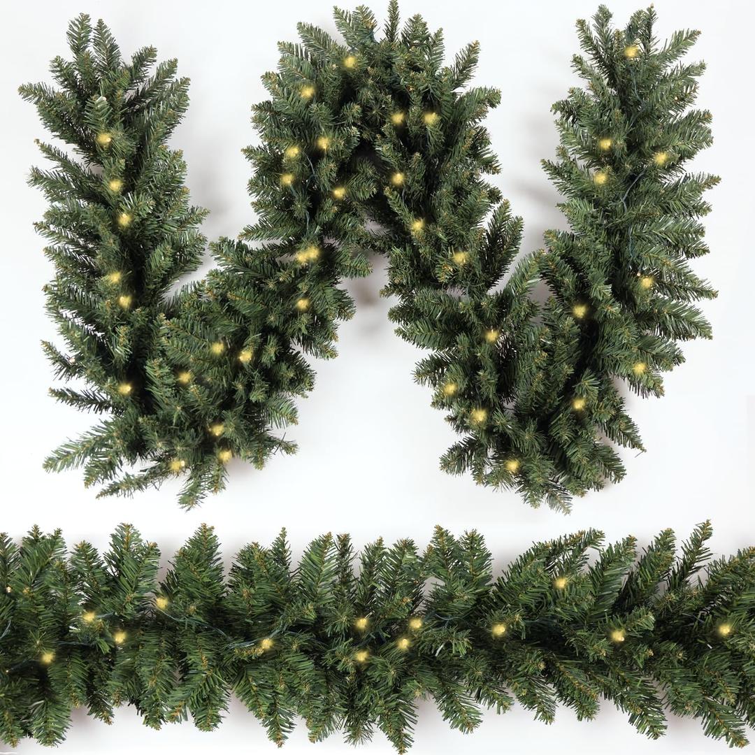 Christmas Garland 18 Ft by 12 Inch Prelit Fraser Fir Xmas Garland with 100 LED Lights, Lush and Classics Green Style for Indoor Outdoor Home Decoration