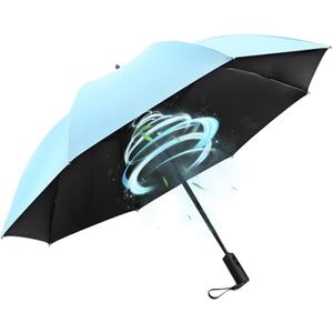 WOOLALA UV Sun & Rain Umbrella with Built-in Cooling Fan, Portable Foldable Design, UPF 50+ Protection, USB Rechargeable for Sports Games, Theme Parks on Hot Days (Blue Outside)