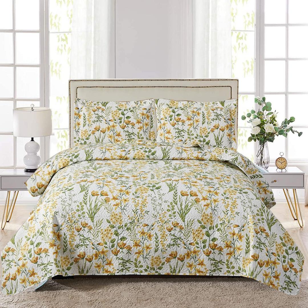Ycosy Floral Quilt Sets Full/Queen Size Reversible Countryside Bedspread Coverlets Lightweight Yellow Flower Quilt Bedding Green Leaves Bed Covers Soft Home Collections,1 Quilt +2 Pillow Shams