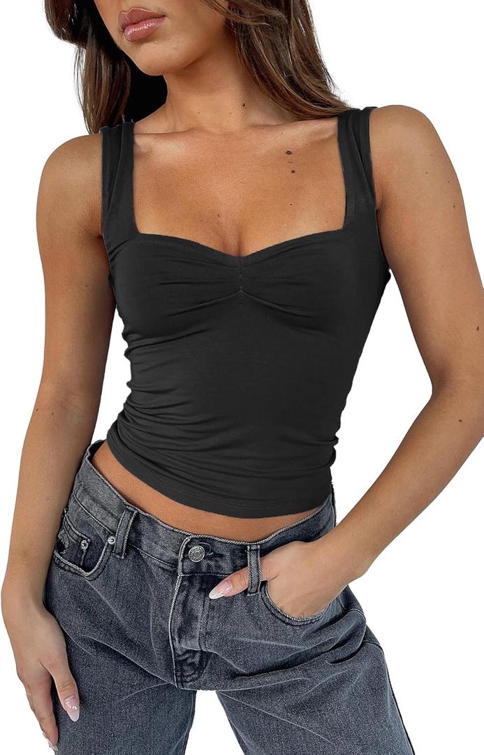 TiulZial Women's Sleeveless Backless Crop Tank Top Sexy Pleated Bustier Sweetheart Neck Strappy Y2K Cami Cropped Tops (Black, M)
