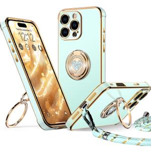 XYZ for iPhone 16 Pro Max Case with Stand, Phone Case with Double Ring Kickstand, Women Girls Bling Luxury Protective Case Heart for iPhone 16 Pro Max 6.9 inch, Green