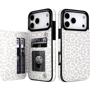 HAOPINSH Wallet Case with Card Holder for iPhone 17 Pro Max, White Leopard Cheetah Pattern Back Flip Folio PU Leather Kickstand Card Slots Case for Women Girls Shockproof 6.9"