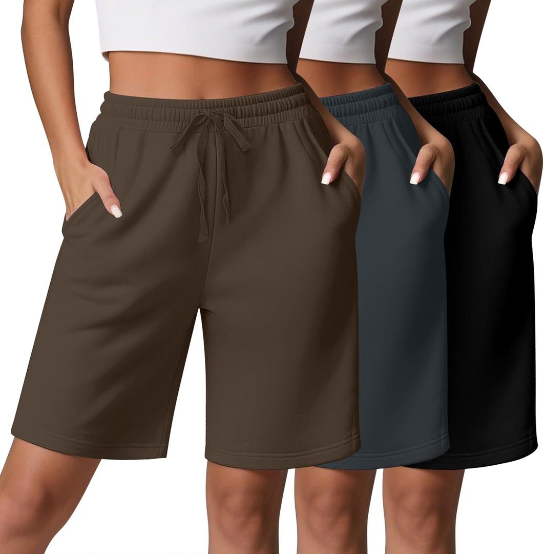3 Pack Women's Bermuda Shorts High Waisted Knee Length Shorts with 3 Pockets Drawstring Casual Athletic SweatShorts (Black, Dark Gray, Brown)