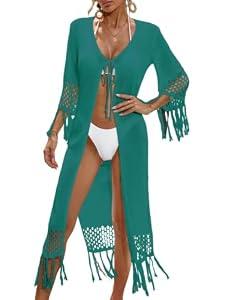 BreathSunny Womens Crochet Knit Swimsuit Coverup Long Cardigan Summer 2026 Tie Open Front Tassel Hollow Out Long Sleeve Mesh Swimwear Beach Swim Bikini Bathing Suit Cover Up Kimono Peacock Green S