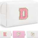 Personalized Makeup Bag Initial A-Z Preppy Patch Bag,Small PU Leather Travel Cosmetic Bag Pouch with Zipper,White Cute Toiletry Bag,Gift Ideal for Teen Girls Women Birthday Friend Mom,Letter D