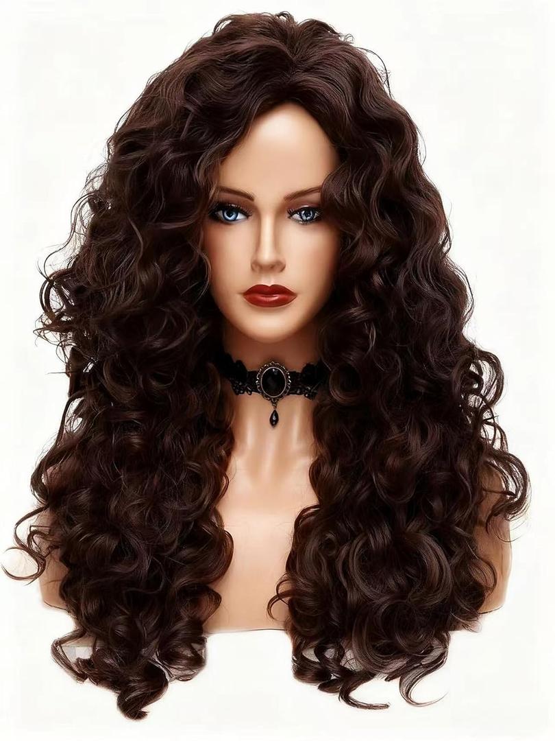 Rugelyss Long Wavy Wigs 28 Inches Natural Dark Brown Synthetic Kinky Curly Hair Wig for Women or Cosplay(dark brown)