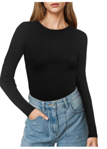 Buauty Women's Long Sleeve Crewneck Sweater 2025 Fall Ribbed Knit Fitted Shirts Slim Solid Pullovers Basic Casual Tee Tops, Size Large