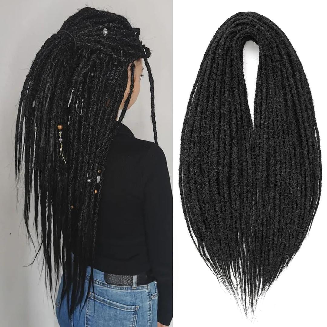 Leeven Synthetic Double Ended Dreadlock Extensions 24 Inch Natural Black 0.6 cm Width Thin DE Dreads Crochet Hippie Wool Dreads 10 Strands Handmade Soft Loc Extensions for Women Men