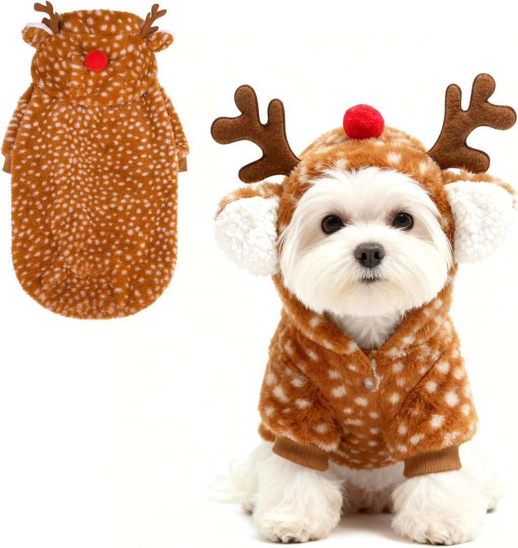 EXPAWLORER Dog Hoodie Christmas Reindeer Costume,Fluffy Christmas Dogs Sweater Cute Outfits,Warm Moose Coat Pet Clothes Winter for Puppy  Dogs S/M