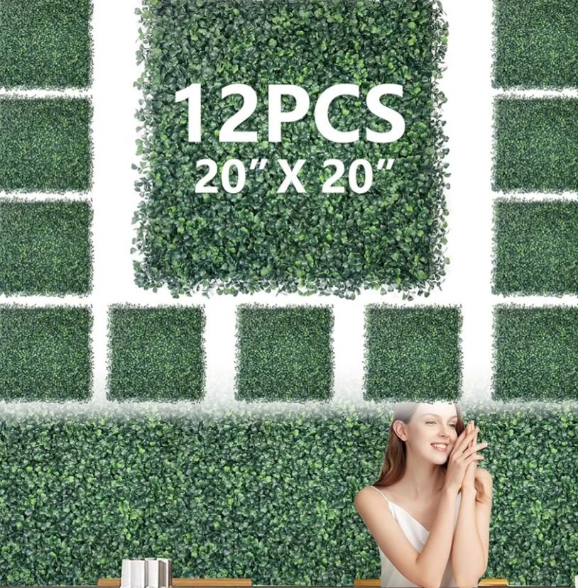 12Pcs 20"x 20" Grass Wall Panels Greenery Wall Backdrop Artificial Boxwood Hedge Panels UV Protected Easy Install for Indoor/Outdoor Privacy Fence & Garden Decor
