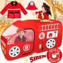 W&O Fire Truck Play Tent with Siren Button, Firefighter Hat, Jacket & Hose  Ultimate Firefighter Pop-Up Tent for Toddlers & Kids