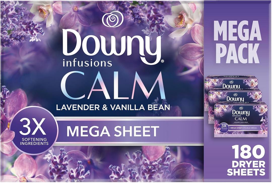 Downy Calm Mega Dryer Sheets, Large Fabric Softener Sheets for Laundry , Static Guard & Softness Boost, Laundry Dryer and Fabric Sheets, 180 Count