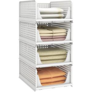 Pinkpum Stackable Plastic Storage Basket, Foldable Closet Organizers and Storage Bins 4 Pack Drawer Shelf Storage Container for Wardrobe Kitchen Bathroom Office Dorm White (4 Pack L)