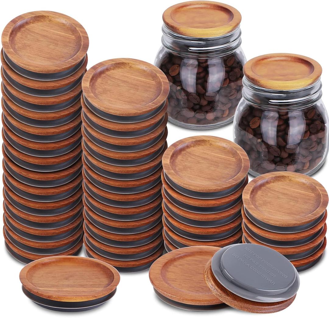 36Pack Regular Mouth Mason Jar Lids Acacia Wooden Storage Canning Jar Lids Ball Jars Bamboo Wooden Lids with Airtight Silicone Seal Ball Wooden Lids for Mason Jars, Brown