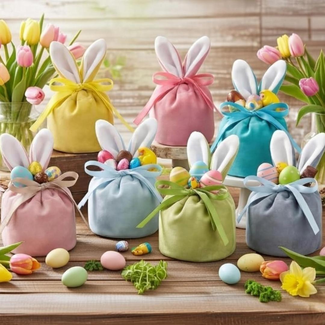 Funtery Easter Bunny Gift Bags Bunny Birthday Decoration Rabbit Ear Velvet Bags with Drawstrings 4.7 x 3.7 Inch Gift Pouches Party Favors for Baby Kid Basket Candy Treat Jewelry, 6 Color(24 Pcs)
