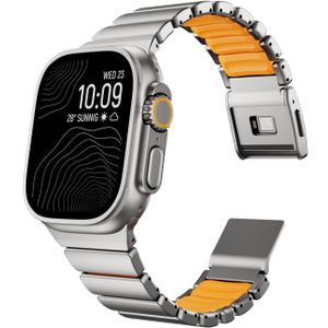 Magnetic Titanium Band Silicone Inner Lining for Apple Watch Ultra 3/2/1 49mm & iWatch Series 11/10/9/8/7/6/5/4 46mm 45mm 44mm, 24mm Wide Lightweight Dual-Layer Titanium Link Strap for Men