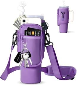 dabria Water Bottle Carrier Bag with Phone Pocket for Stanley 40/ 30 oz Tumbler Neoprene Water Bottle Holder Pouch with Adjustable Strap Bollus with Straw Cover & Carabiner for Stanley Cup Accessories