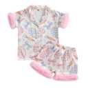 Ayalinggo Baby Girl Easter Pajamas Toddler Kids Egg Bunny Pjs Feather Trim Satin Sleepwear Nightgown Button Down Shorts Set (Pink Floral Feather, 9-10 Years)