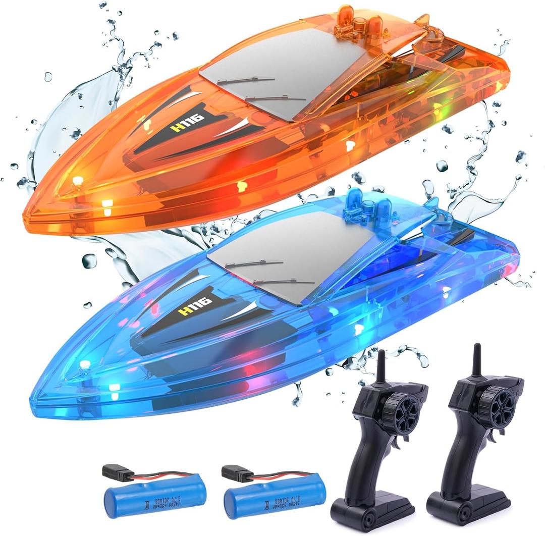 YEETFTC 2Pack LED Light RC Boat Remote Control Pool Water Toys for Kids Ages 8-12 Adults Lakes Bathtub Toy with Whole Body Waterproof,Low Battery Alarm, 2.4 Ghz, Control Range 50M, Rechargeable Battery (Multi-Color)