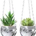 moonoom 2 Pcs Hanging Disco Ball Planter - 4Inch Sliver Disco Mirror Ball Planter with Chain - Home Boho Hanging Planter for Indoor Outdoor Plants