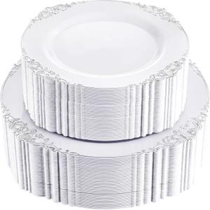 Joyido 102 PCS White and Silver Plastic Plates Heavyweight Silver Plate Wedding Plate with Silver Rim Fancy Dinner & Dessert Plates for 51 Guests Weddings & Parties