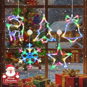 5 Pack Christmas Window Lights, Multicolor X-Mas Tree, Reindeer, Bell, Snow, Star Lights, Battery Operated Christmas Window Decorations with Suction Cup and Timer Function for Window Glass Decor