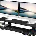 2-Tier Dual Monitor Riser with 6-Port Hub 39.4" Extra Wide Solid Wood Plywood Desk Stand for Dual Monitors, 30w Fast Charging USB C/A Ports, Heavy Duty Desk Organizer, Black Wood Grain Finish