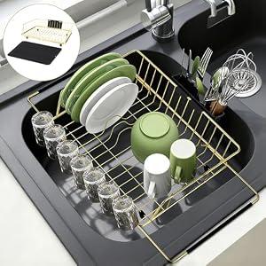 HAYAWEY Dish Drying Rack-Large Stainless Steel Dish Drainer Over The Sink for Kitchen Countertop with Utensil Holder and Silicone Drying Mat(Gold, in Sink, 24.2'*13.2')