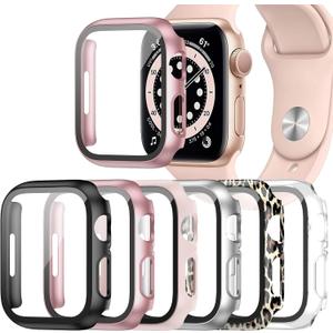 6 Pack Case for Apple Watch SE 3 (2025)/SE 2/SE/Series 6/5/4 44mm with Tempered Glass Screen Protector, Hard PC Ultra-Thin Scratch Resistant Protective Cover for iWatch 44mm Accessories (Black+Clear+Pink+Rose gold+Silver+Classic Leopard)