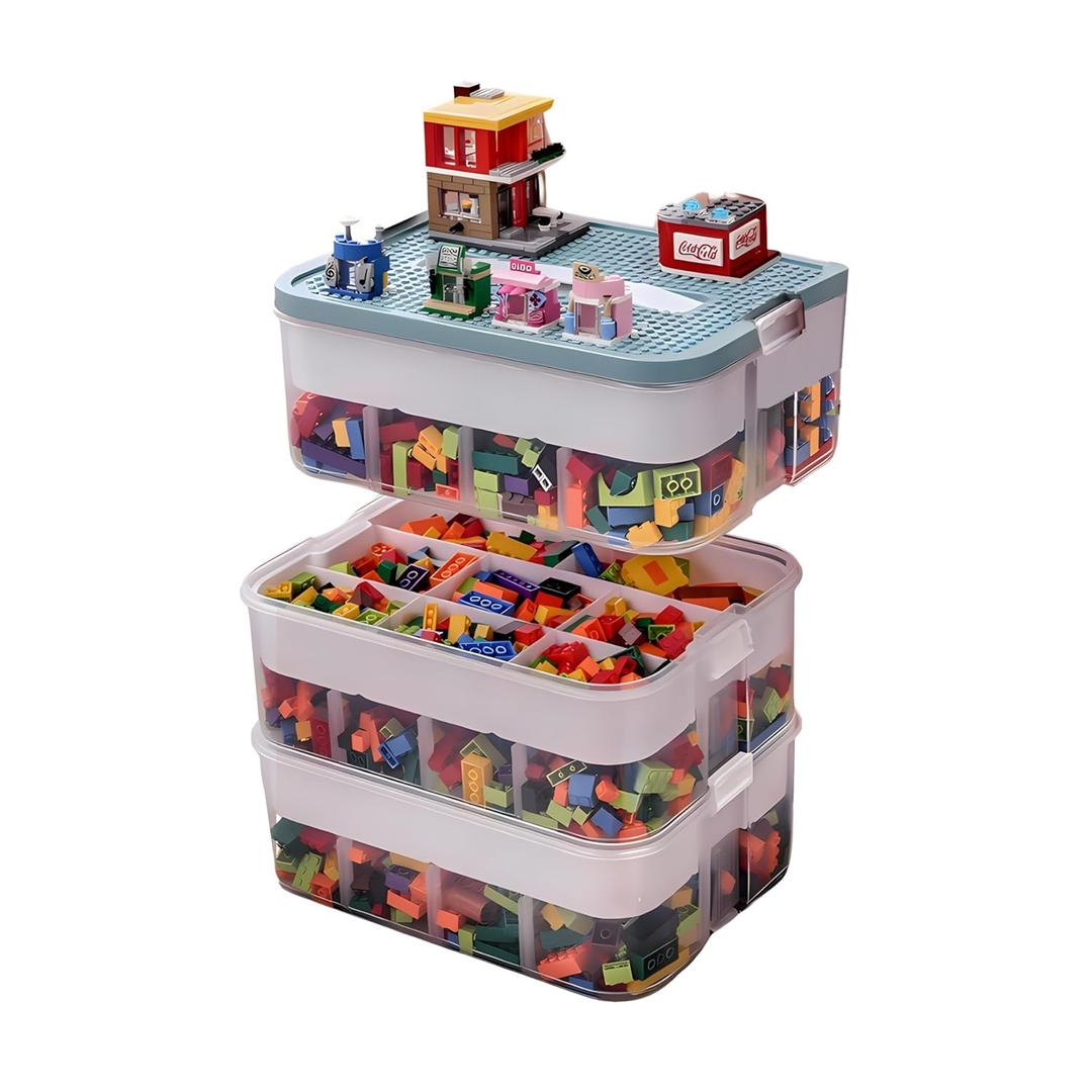 3-Tier Stackable Toy Storage Box with Lid Dividers, Kid Toy Blocks Organizer Container Removable Tray, Plastic Toy Chest Organizer for Baby Nursery Playroom - Toy Blocks Not Included