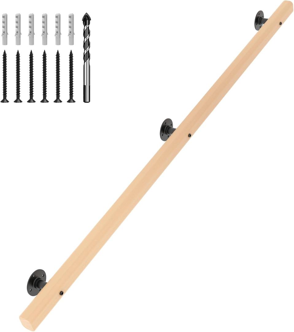 6 FT Wood Handrails for Indoor Stairs, Wall-Mounted Staircase Handrails for Indoor Outdoor Stairs, Non-Slip Stair Railing Indoor for Kids, Elderly, Pregnant Women, Disabled
