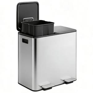 GarveeHome 2 x 8 gal Stainless Steel Double Trash Can with Lid for Kitchen, Large Dual Trash and Recycle Bin Combo, Step-on Kitchen Metal Garbage Cans, PP Inner Buckets, Liner Rim