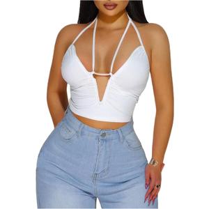 SOLY HUX Women's Tie Backless Halter Crop Top Y2k Cut Out Deep V Neck Party Rave Tops (White, M)