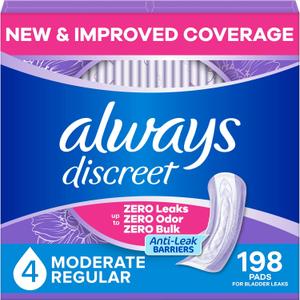 Always Discreet Adult Incontinence Pads for Women, Drier, 4 Drop Regular Length, Moderate Absorbency, Pads for Bladder Control Management, Bladder Leaks, & Postpartum Pads, 198ct