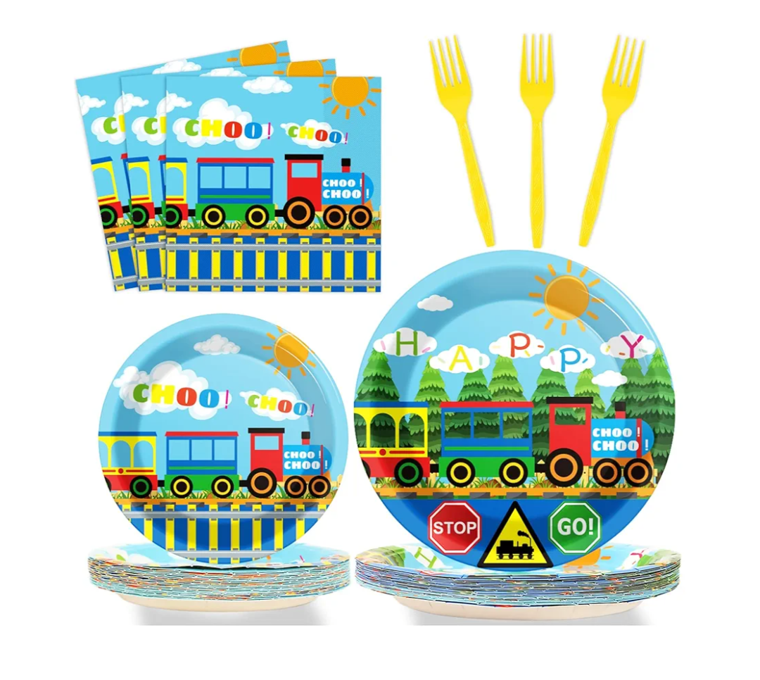 Train Birthday Party Supplies Train Theme Party Tableware Includes Train Party Plates Napkins Fork and Train Theme Tablecloth for Birthday Parties Decorations Set Serve 20
