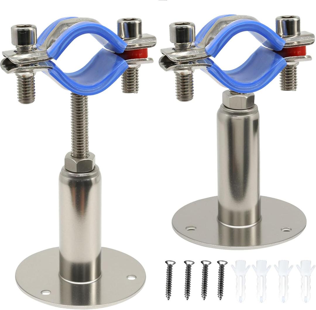 2 PCS Heavy Duty 304 Stainless Steel Ceiling Mount Pipe Support Bracket for 25-27mm OD Pipe, Adjustable Height 50-100mm with Silicone Pads & Complete Installation Kit